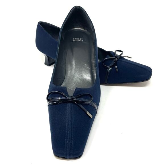 Vintage Stuart Weitzman Navy Blue Square Toe Kitten Heels w Black Bows Women's 7 - Picture 5 of 9